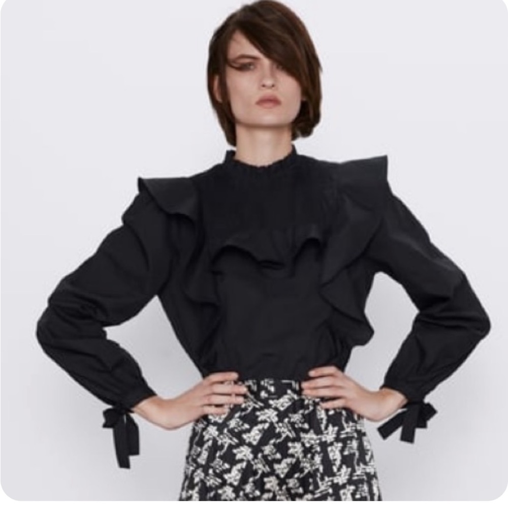Zara Black Ruffle Smocked Long Sleeve Blouse Top